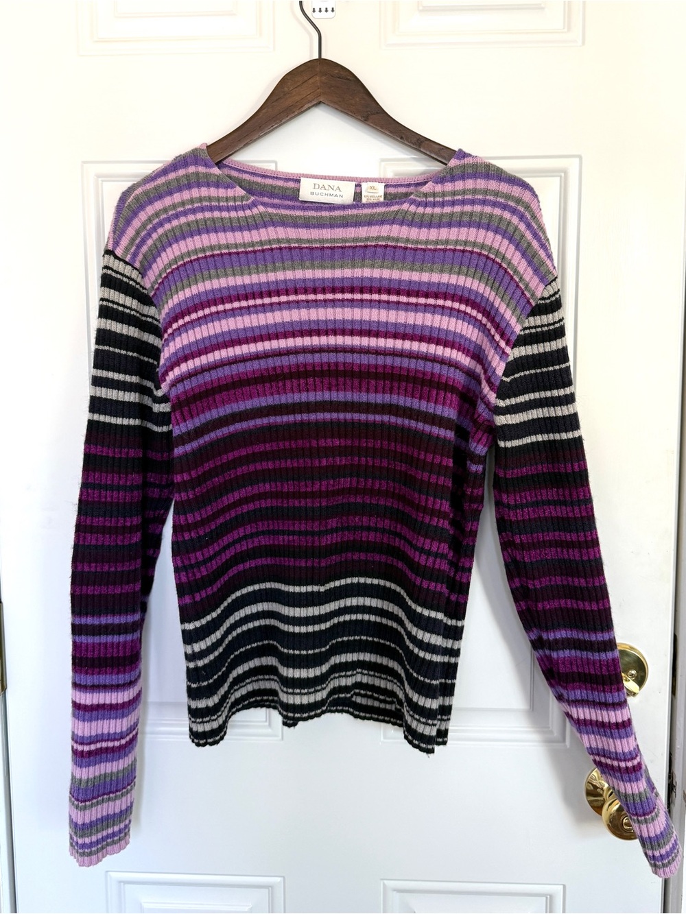Dana Buchman Multicolor Purple & Black Striped Ribbed Crew Sweater
